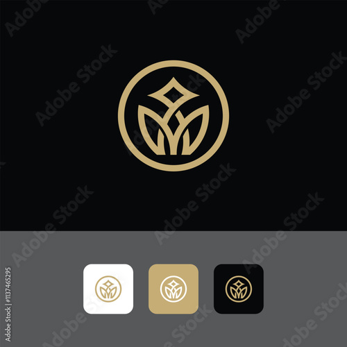 Flower logo design, letter M and flower logo with gold color