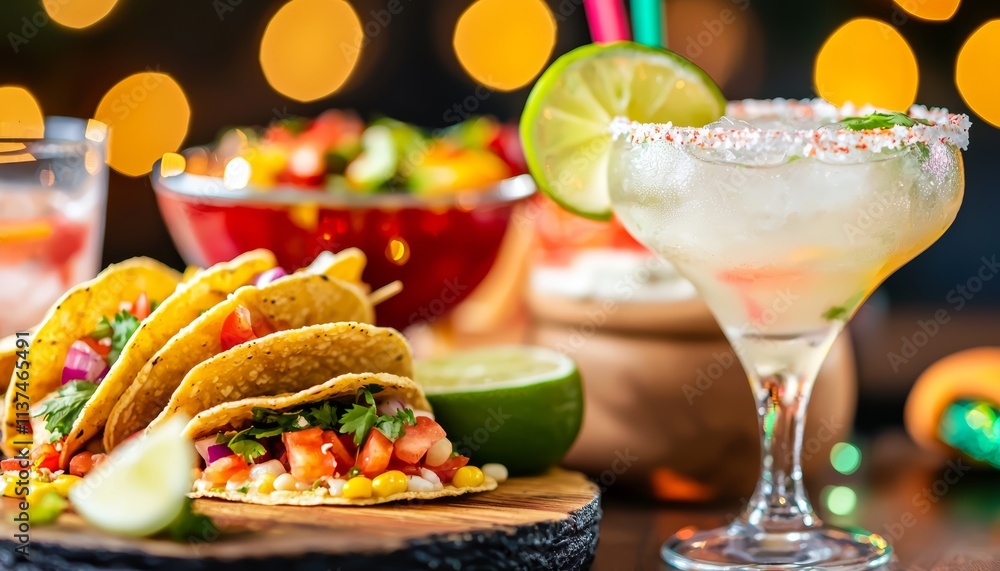 A vibrant display of tacos with fresh toppings, accompanied by a refreshing margarita, set against a colorful, festive background. A vibrant display of tacos with fresh toppings, accompanied by a refreshing margarita, set against a colorful, festive background.