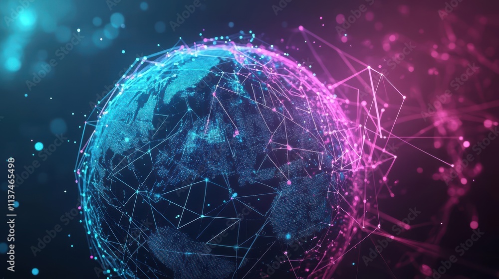 Global trade visualized as a digital globe surrounded by moving lines and data points, isometric art, bright neon colors, 3D render Global trade visualized as a digital globe surrounded by moving lines and data points, isometric art, bright neon colors, 3D render