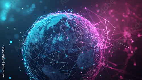 Global trade visualized as a digital globe surrounded by moving lines and data points, isometric art, bright neon colors, 3D render