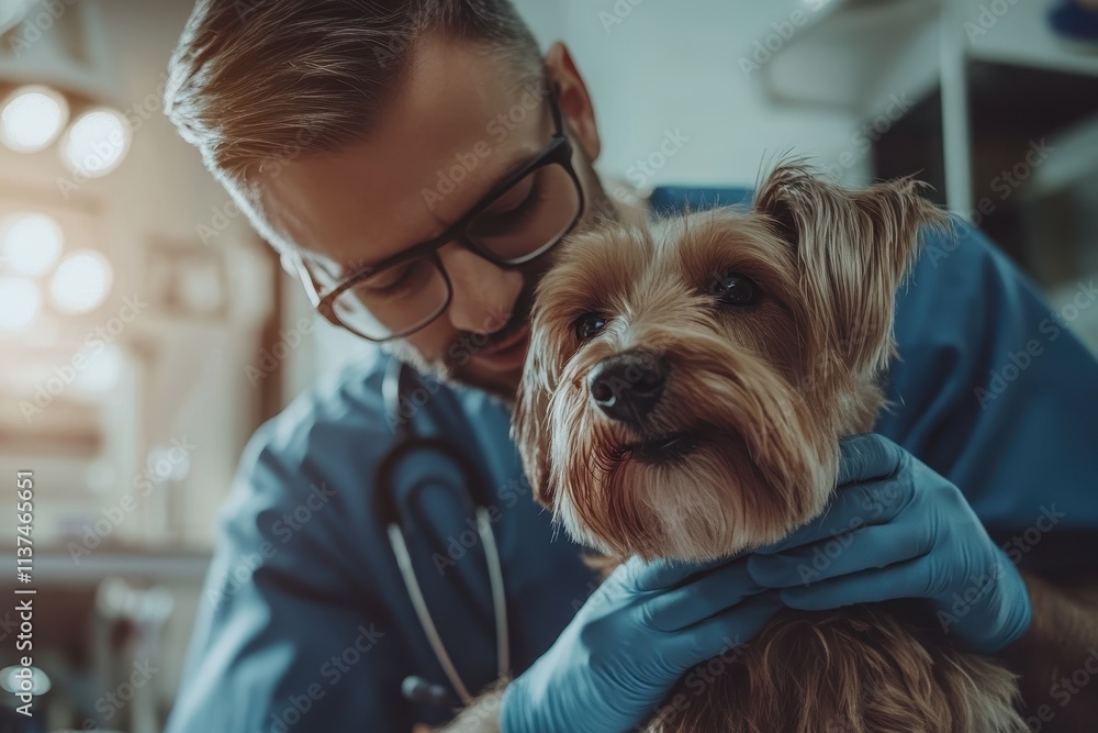 Veterinarian gently examining a small dog. Illustrates pet care, veterinary services, and animal health. Veterinarian gently examining a small dog. Illustrates pet care, veterinary services, and animal health.