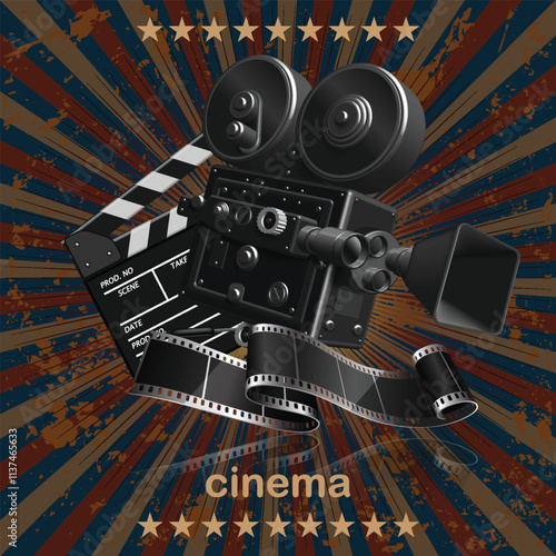 Illustration for the film industry. Movie camera, film strip, clapperboard. High detailed realistic illustration