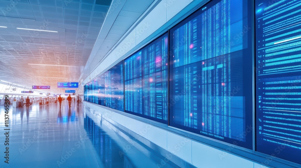 Futuristic airport terminal with travelers using VR to preview destinations, sleek design and glowing screens