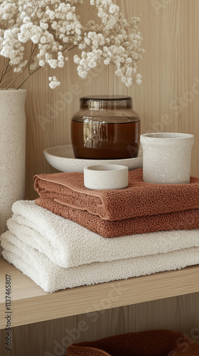 Stack of white and brown towels on a wooden shelf with ceramic decor and dried flowers.