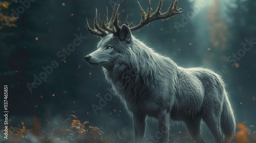 Mythical Chimera Beast with a Wolf’s Body and Majestic Deer Antlers, Combining Power and Elegance in a Fantastical, Hyper-Realistic Design photo