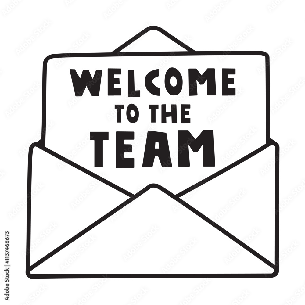 Open envelope. Phrase - welcome to the team. Outline vector illustration on white background.