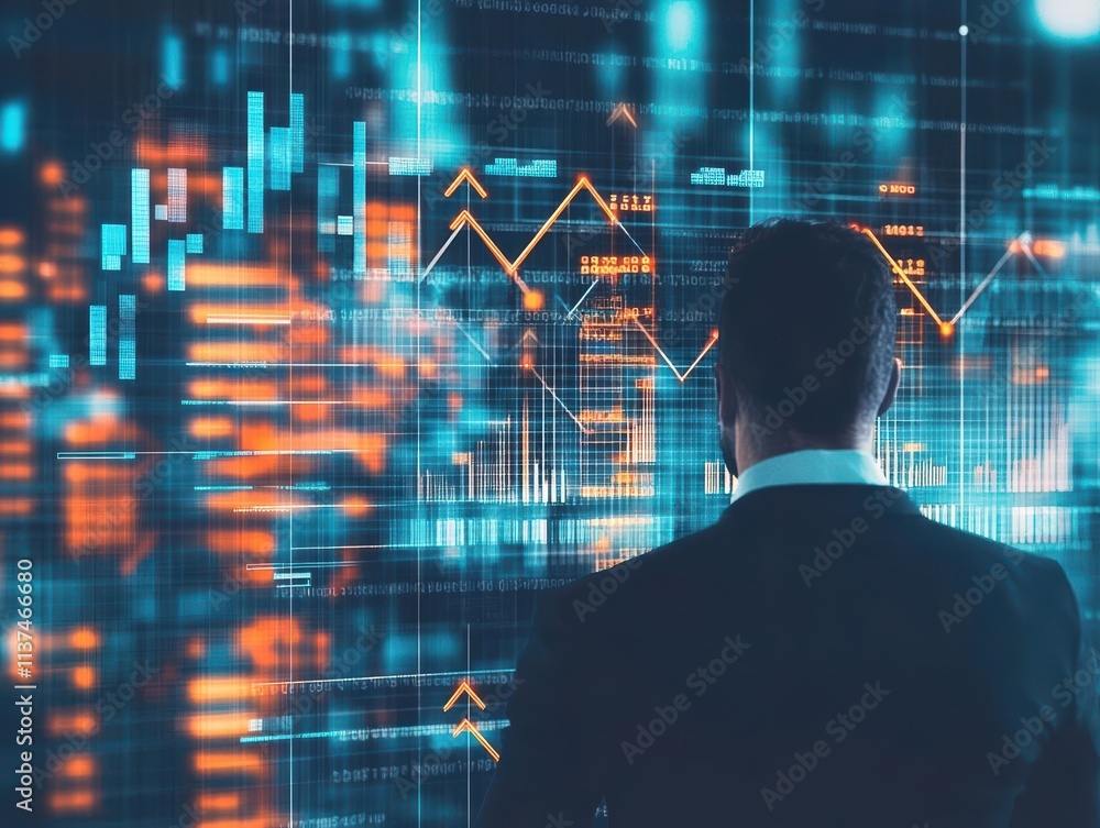 Digital businessman surrounded by upward arrows and glowing financial graphs, modern business growth concept Digital businessman surrounded by upward arrows and glowing financial graphs, modern business growth concept