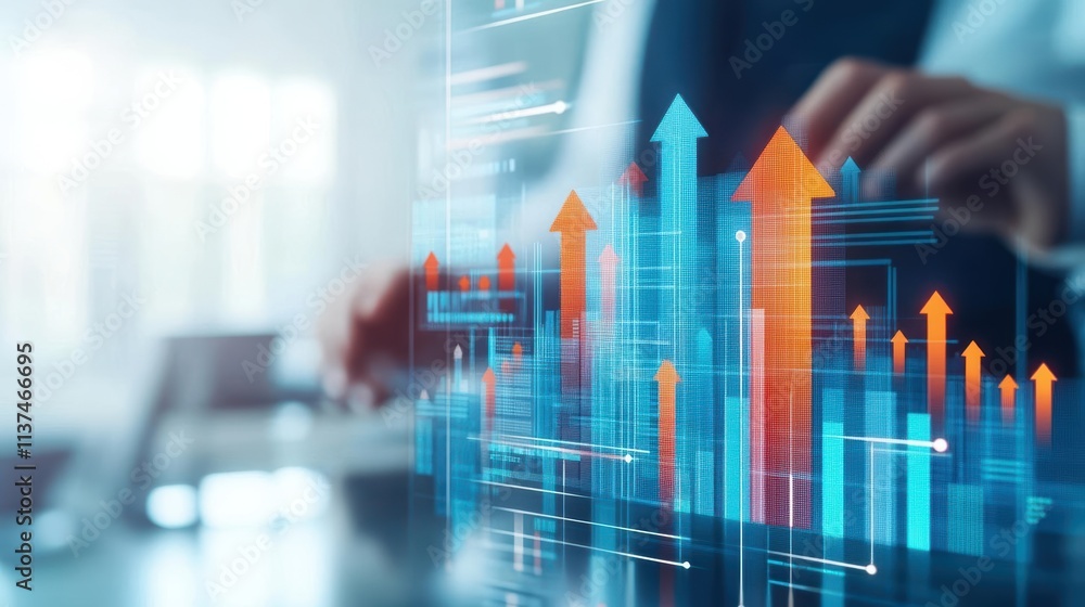 Digital business graphs with arrows rising over a hightech office, innovation and corporate success Digital business graphs with arrows rising over a hightech office, innovation and corporate success