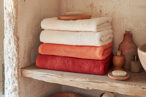 Stack of white, orange, and red towels on a rustic wooden bathroom shelf.