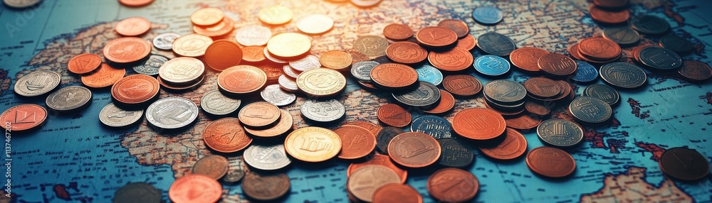 Coins scattered over a world map, glowing edges, soft shadows, vintage photography style Coins scattered over a world map, glowing edges, soft shadows, vintage photography style