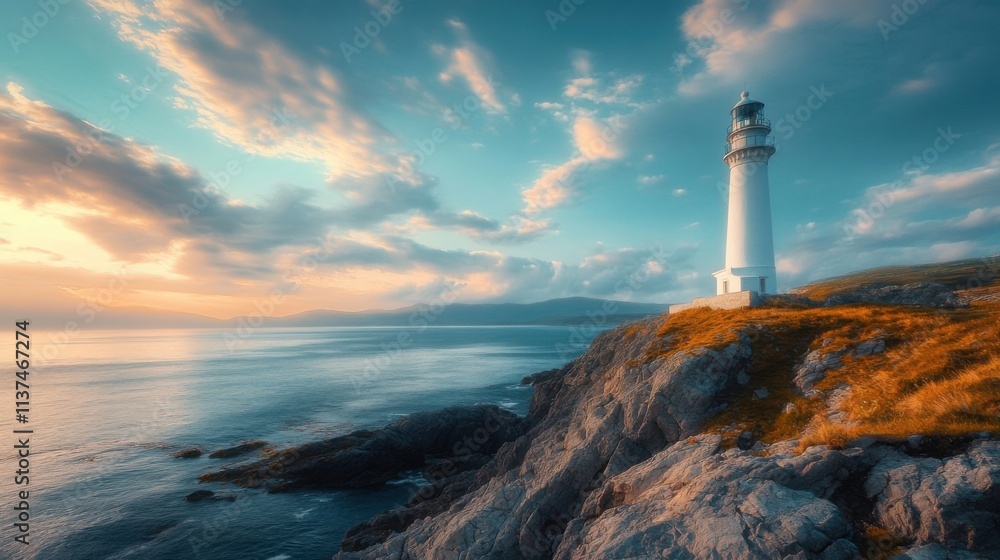 Lighthouse on cliffs, ocean sunset. No people. Lighthouse on cliffs, ocean sunset. No people.