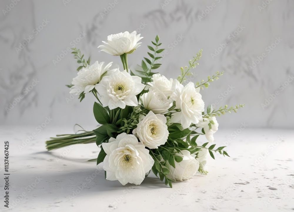 White bouquet with green stems on a white surface, pristine, floral arrangement White bouquet with green stems on a white surface, pristine, floral arrangement