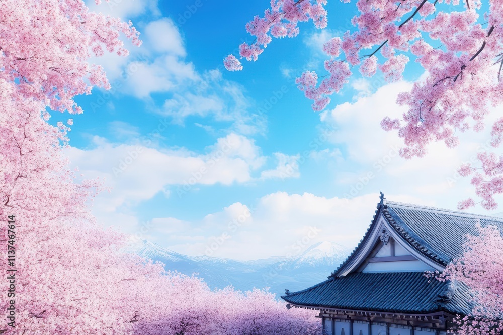 Ancient Japanese temple in a VR landscape, cherry blossoms in bloom, tranquil travel experience through technology Ancient Japanese temple in a VR landscape, cherry blossoms in bloom, tranquil travel experience through technology