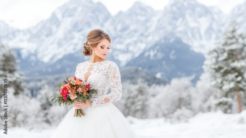 Bride in a delicate lace wedding gown holding a white floral bouquet, standing outside a rustic barn on a snowy winter day. Bride in a delicate lace wedding gown holding a white floral bouquet, standing outside a rustic barn on a snowy winter day.