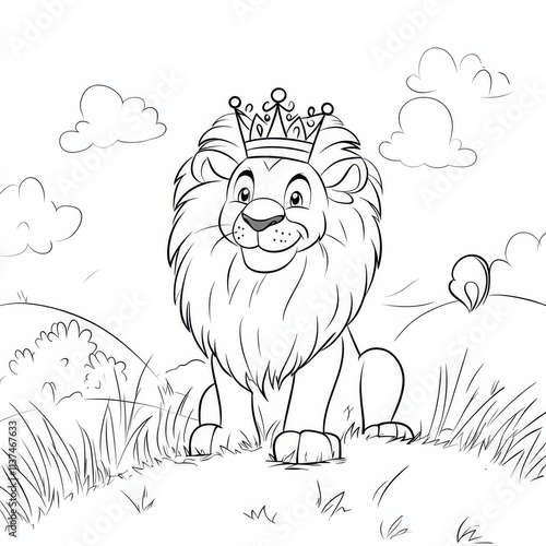 King Lion Coloring Page: Majestic lion cub wearing a crown, sitting in the grass. Perfect for kids' books, educational materials, and creative projects. photo