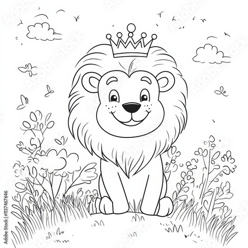 King of the Jungle: A regal lion, adorned with a crown, sits proudly amidst a lush meadow, ready for coloring. photo