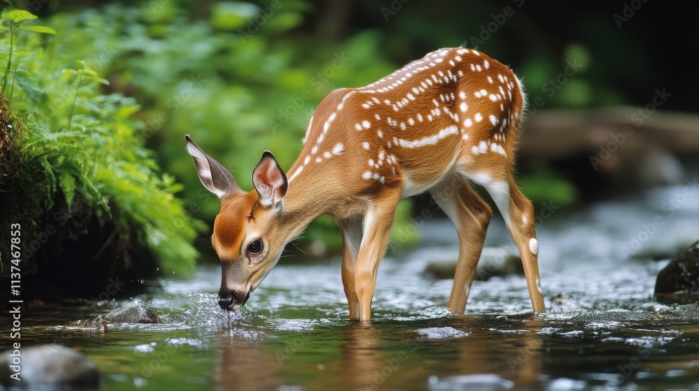 Fawn drinking, lush green background, serene. Fawn drinking, lush green background, serene.