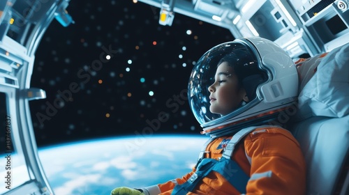 An astronautthemed VR educational module, showing young learners floating in space stations with Earth below photo