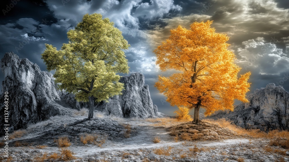 Two trees, one green, one golden-yellow, stand amidst dramatic monochrome rock formations under a stormy sky. Two trees, one green, one golden-yellow, stand amidst dramatic monochrome rock formations under a stormy sky.