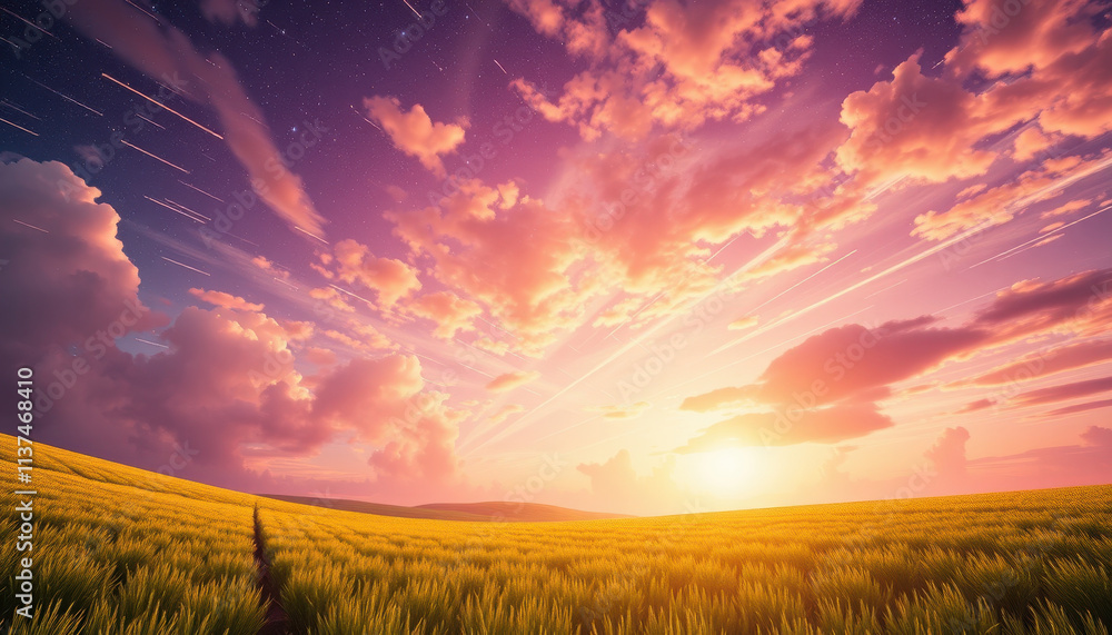 Serene Sunset Over Rolling Wheat Field With Star Trails Serene Sunset Over Rolling Wheat Field With Star Trails