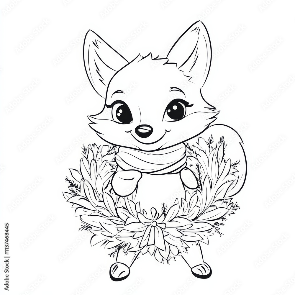 Obraz premium Fox in Wreath: A charming fox with big eyes and a scarf, holding a festive wreath - perfect for holiday coloring pages, greeting cards, and crafts. 