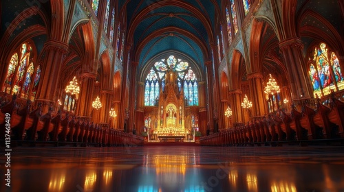 Ornate church interior, stained glass, wooden pews, radiant light.