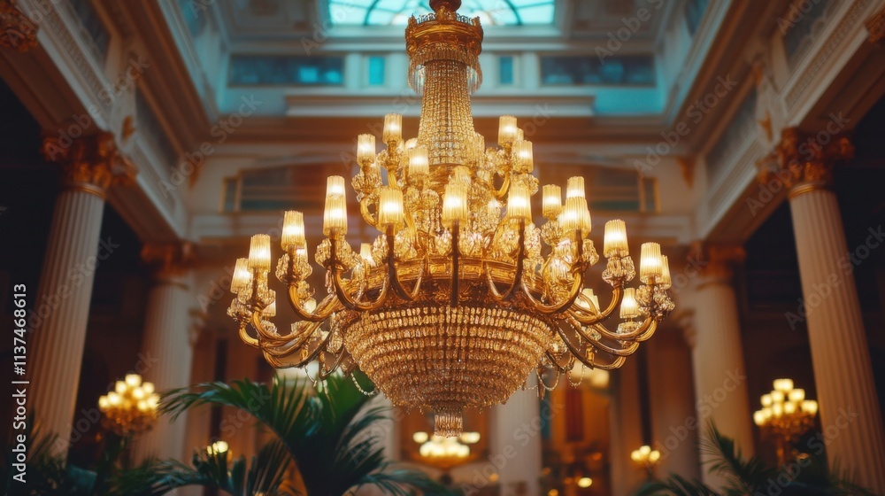 Crystal chandelier, grand lobby,lit. Crystal chandelier, grand lobby,lit.