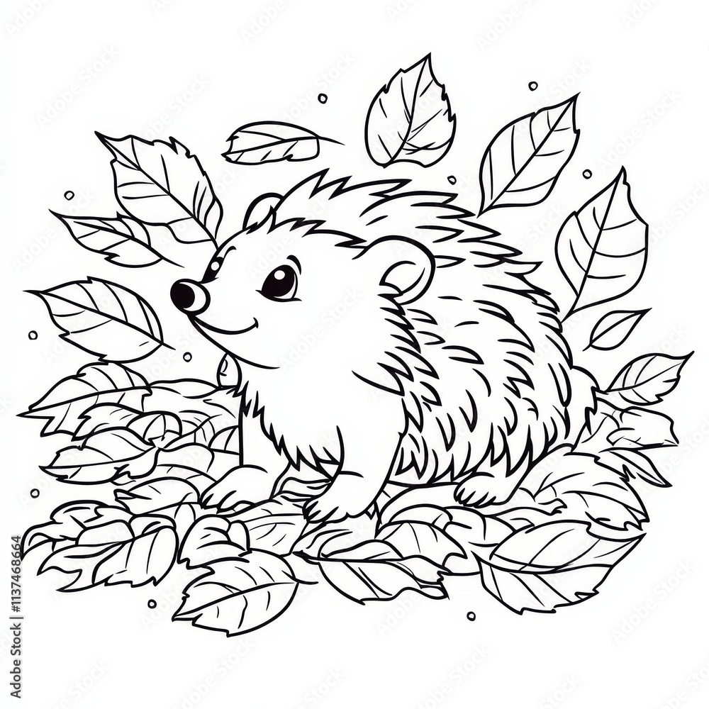 Obraz premium Adorable Hedgehog in Autumn Leaves Coloring Page 