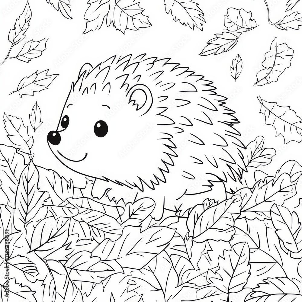 Fototapeta premium Adorable Autumn Hedgehog: A charming line drawing of a friendly hedgehog surrounded by falling autumn leaves, perfect for coloring pages, children's books, and nature-themed designs. 