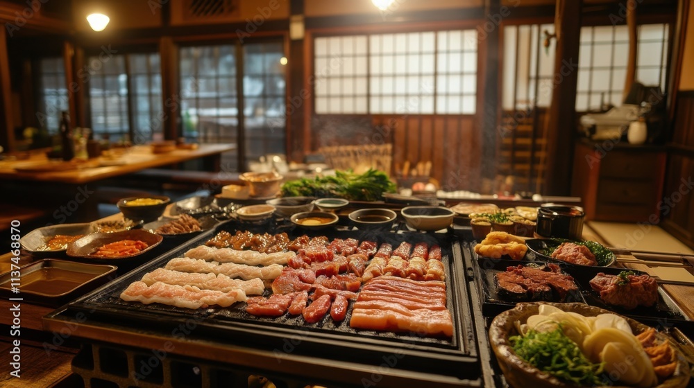 Obraz premium Grilled meats, sides, Japanese setting.