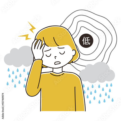 低気圧と雨雲　頭痛に悩む女性のイラスト