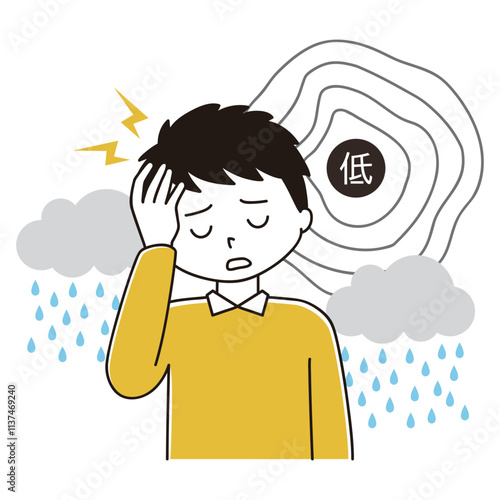 低気圧と雨雲　頭痛に悩む男性のイラスト