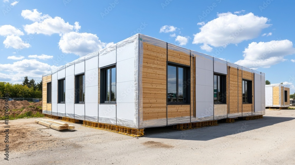 Modern Lightweight Prefabricated Panels for Construction with Protective Wrapping in a Bright Outdoor Setting Modern Lightweight Prefabricated Panels for Construction with Protective Wrapping in a Bright Outdoor Setting