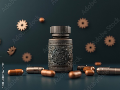 A steampunkinspired medicine bottle with metallic engravings, surrounded by gearshaped capsules, warm brass tones, intricate detailing photo