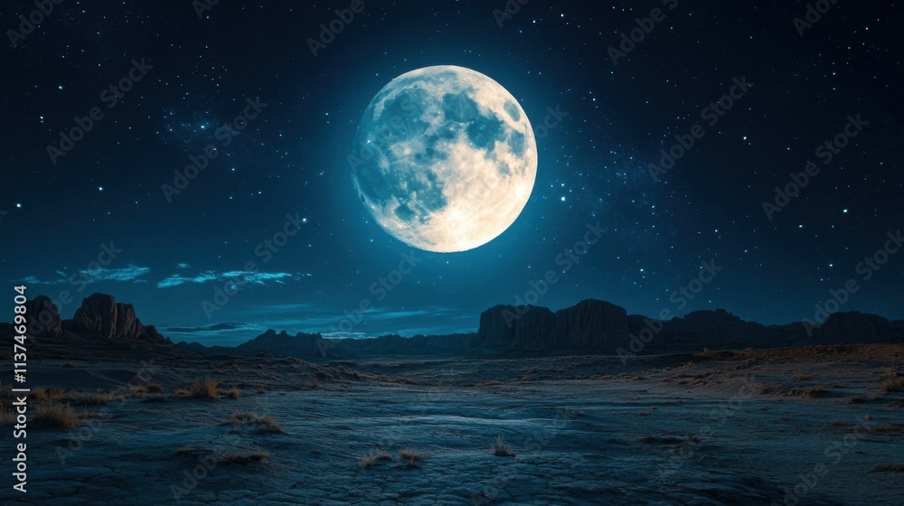 Full moon, starry night, desert, rocks. Full moon, starry night, desert, rocks.