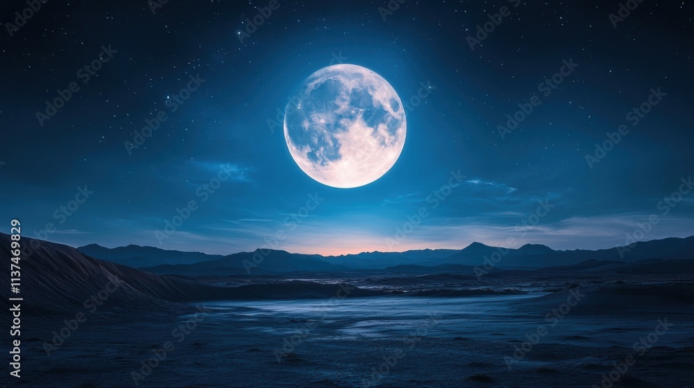 Full moon, desert landscape, stars. Full moon, desert landscape, stars.