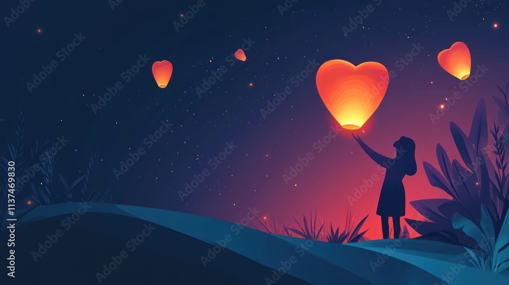 Obraz premium Silhouette of a girl releasing a heart-shaped sky lantern at twilight, surrounded by nature, under a starry night sky.