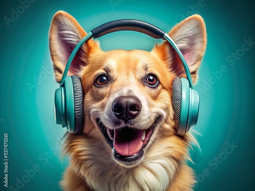 Dog Headphones Music, Happy Puppy Listening to Tunes, Pet Audiophile, Canine Music Lover, Adorable Dog with Headphones photo