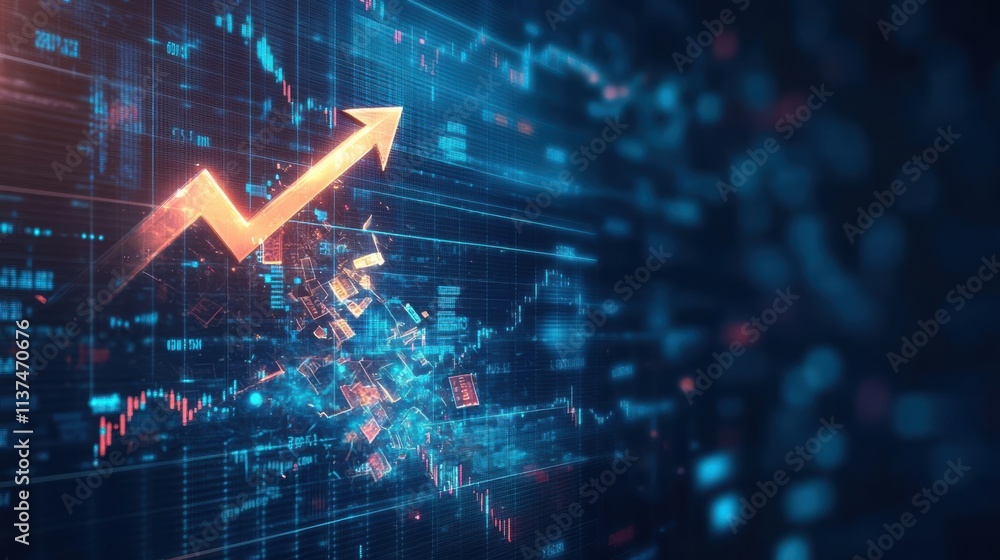 A glowing upward arrow breaking through a digital grid, with fragments of stock data trailing behind it A glowing upward arrow breaking through a digital grid, with fragments of stock data trailing behind it
