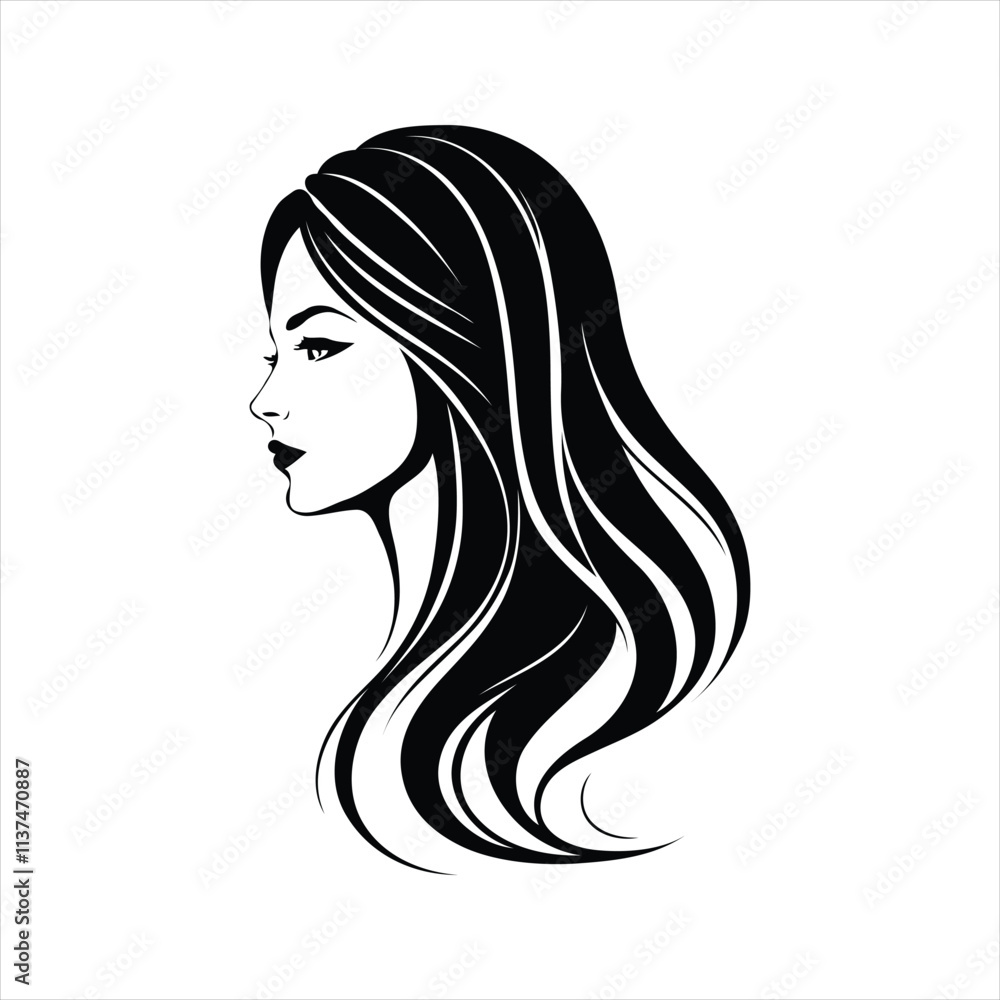 Graceful Woman Vector Illustration - Long Hair Profile Art in Monochrome Graceful Woman Vector Illustration - Long Hair Profile Art in Monochrome