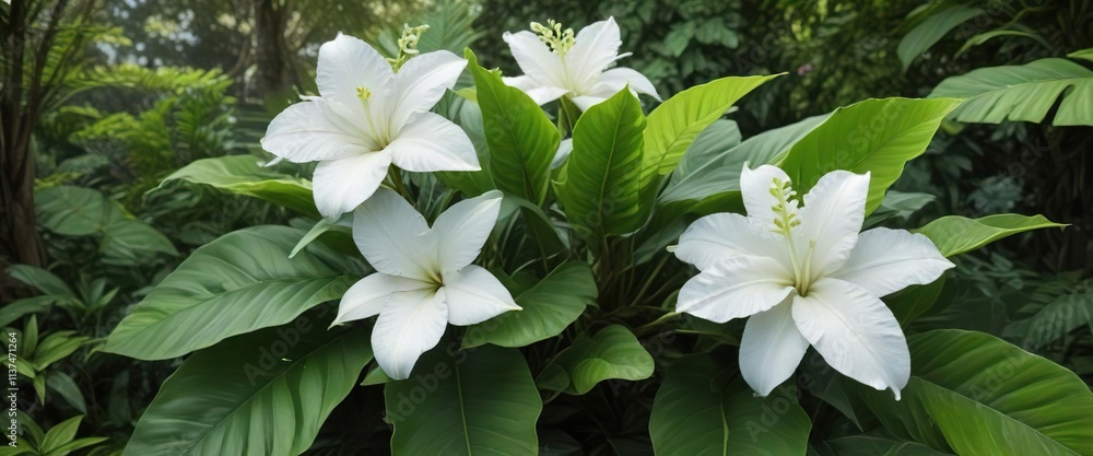 Naklejka premium White moorea bloom with large green leaves in a lush garden setting, isolated, tropical