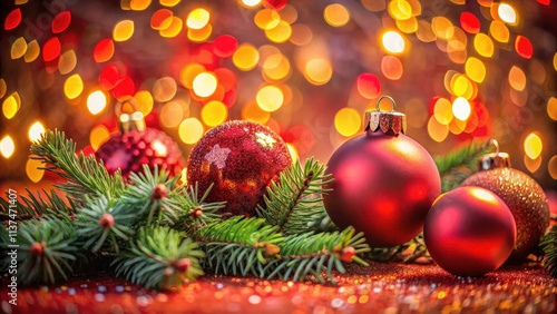 Vibrant Red Christmas Background with Bokeh Lights and Festive Ornaments for Holiday Cheer