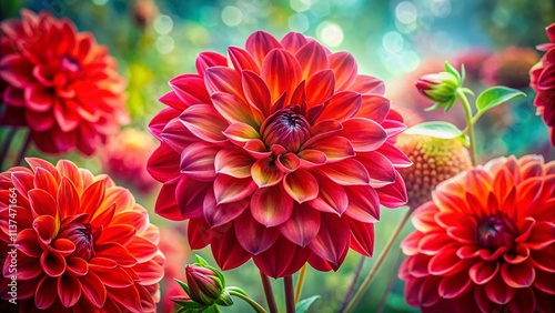 Double Exposure Dahlia Photography: Vibrant Red Flowers, Bright Backgrounds, Surreal Art