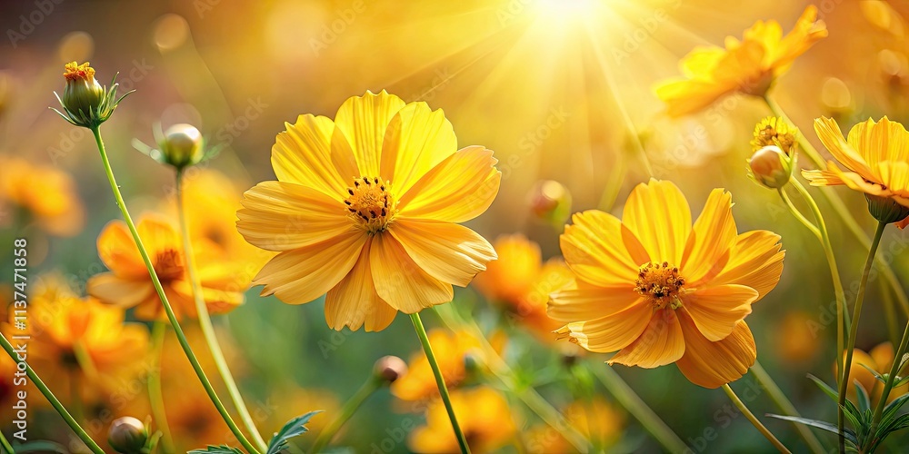Vibrant Yellow Cosmos Flowers in a Sunlit Garden - Closeup Nature Photography of Bright Blossoms