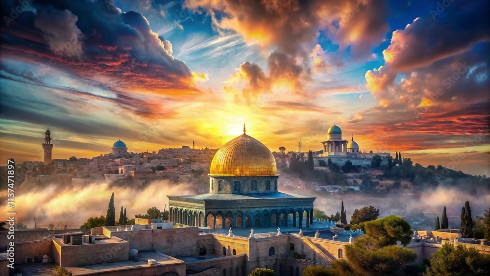 Fototapeta premium Double Exposure Dome of the Rock Jerusalem Photography, Surreal Landscape, Fantasy Art, AI Generated Image