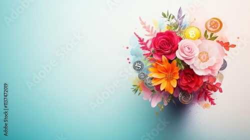 A bouquet of flowers blooming into currencies, representing flourishing revenue streams and their beauty Gentle and harmonious watercolor strokes photo