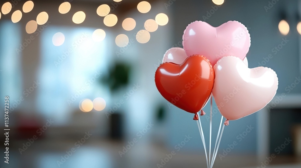 Whimsical heart shaped balloons in pink and red colors floating against a blurred background with twinkling lights symbolizing the essence of romantic joyous occasions Whimsical heart shaped balloons in pink and red colors floating against a blurred background with twinkling lights symbolizing the essence of romantic joyous occasions
