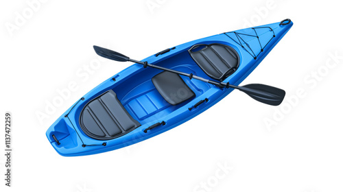 Top view of a blue plastic kayak with paddle on a white background. isolated background. photo