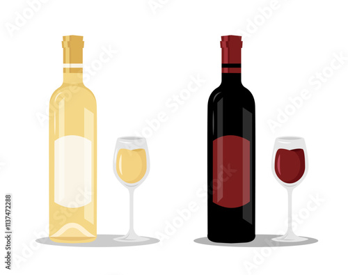 Wine bottle vector illustration set. Bottle of red and white wine with wineglasses. Beautiful bottles and glasses for decoration menu in restaurant or cafe. Alcoholic beverage. Realistic vector
