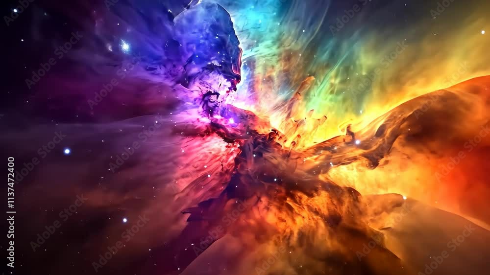 The video depicts a vibrant and star-filled space, showcasing a multitude of colors and celestial bodies, An array of brilliant colors merging at the epicenter of a nebula The video depicts a vibrant and star-filled space, showcasing a multitude of colors and celestial bodies, An array of brilliant colors merging at the epicenter of a nebula